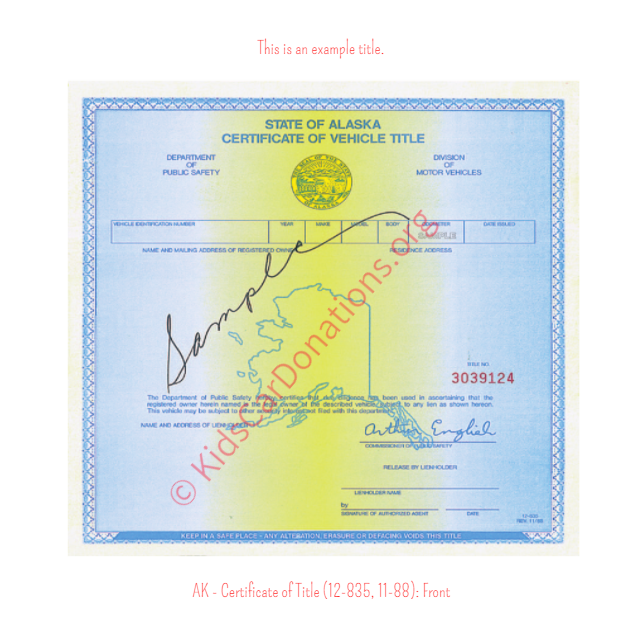 Alaska Certificate of Title (12-835, 11-88): Front | Kids Car Donation